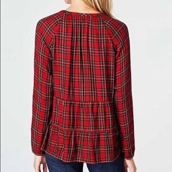 J Jill Tartan Plaid Top Size Medium Red Button Up Long Sleeve Ruffle Tiered - Picture 6 of 11